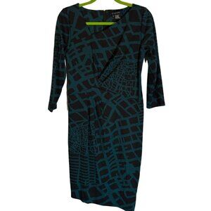 Etcetera 3/4 Sleeve  Dress Size 6 Black & Teal Geometric Pattern Dress